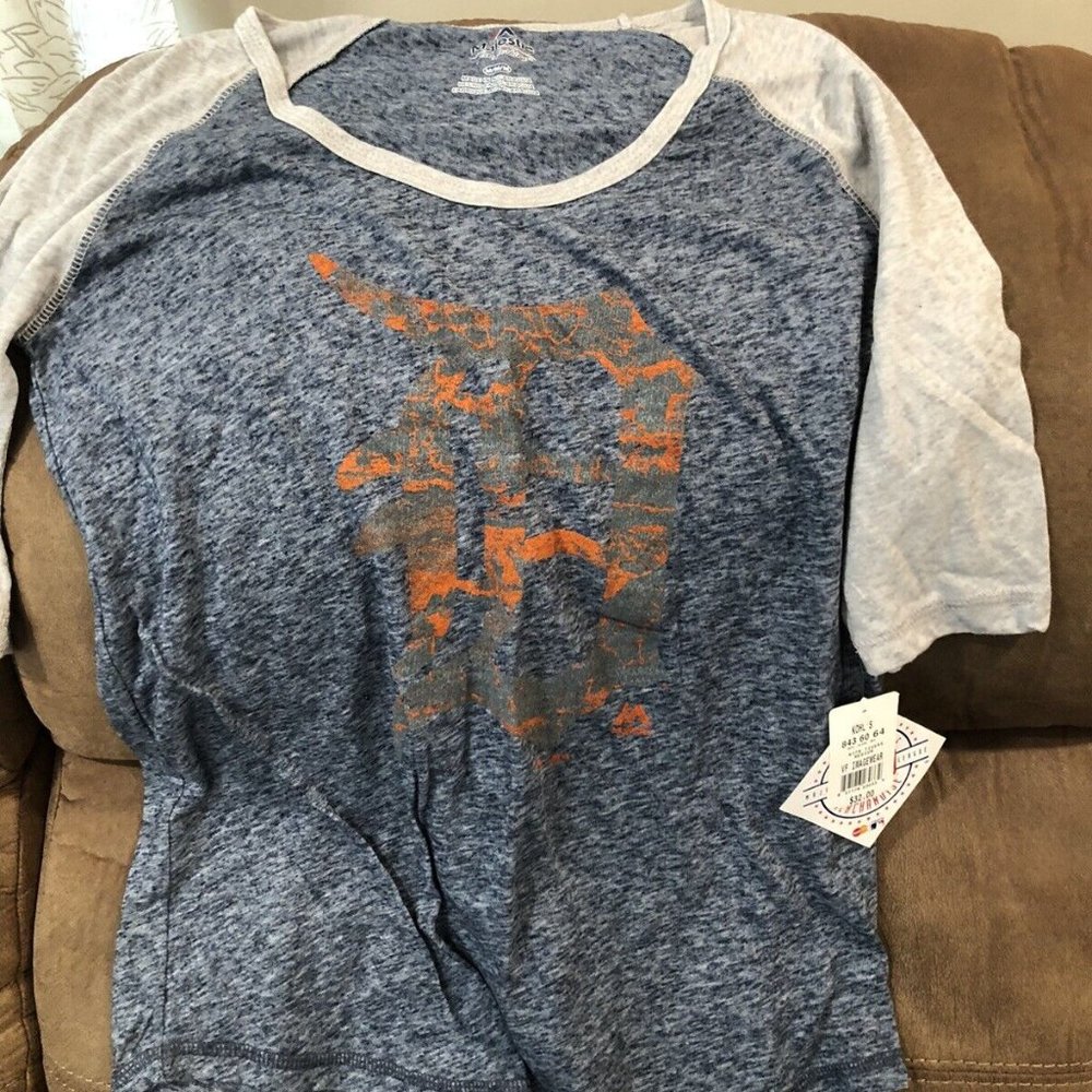 Women's Majestic Threads blue/gray Detroit Tigers Raglan 3/4-Sleeve T-Shirt